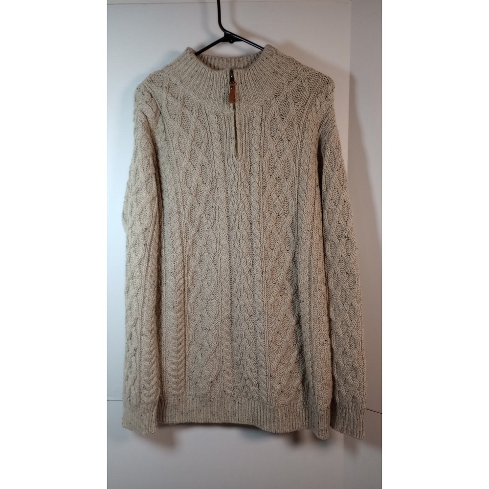 Aran Ireland Oatmeal Cable Knit 1/4 Zip 100% Merino Wool Sweater W Sz L